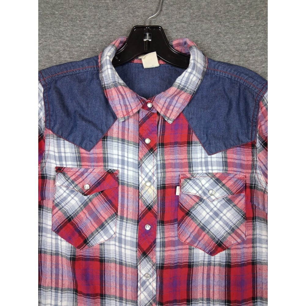 Levis Womens‎ Shirt Large Red Plaid Flannel Pearl Snap Western Rodeo Casual